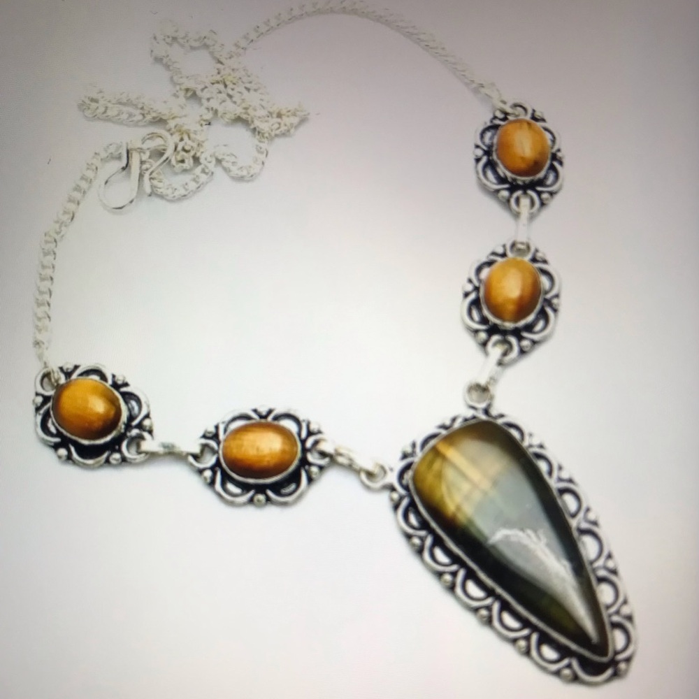 Tiger Eye Stamped 925 Sterling Silver Necklace